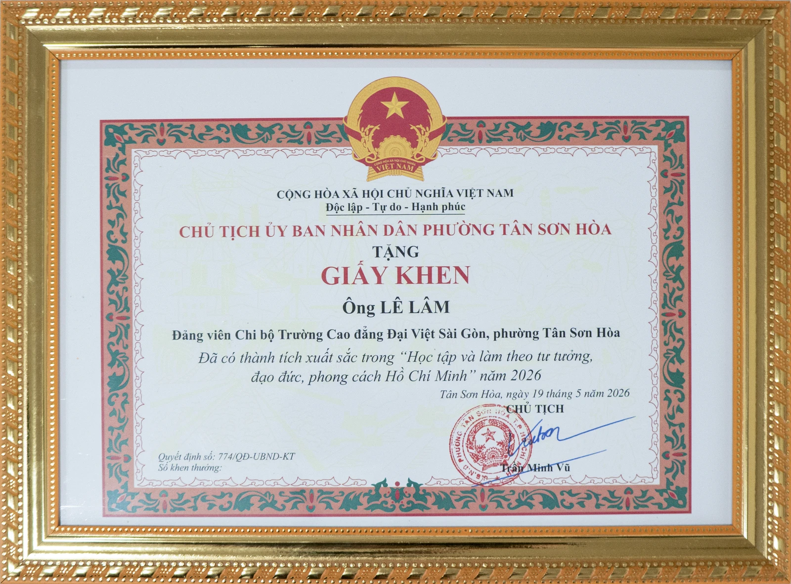 ĐẠI VIỆT SÀI GÒN NHẬN GIẤY KHEN HỌC TẬP VÀ LÀM THEO TƯ TƯỞNG HỒ CHÍ MINH 19/5/2025 ĐẾN 19/5/2026