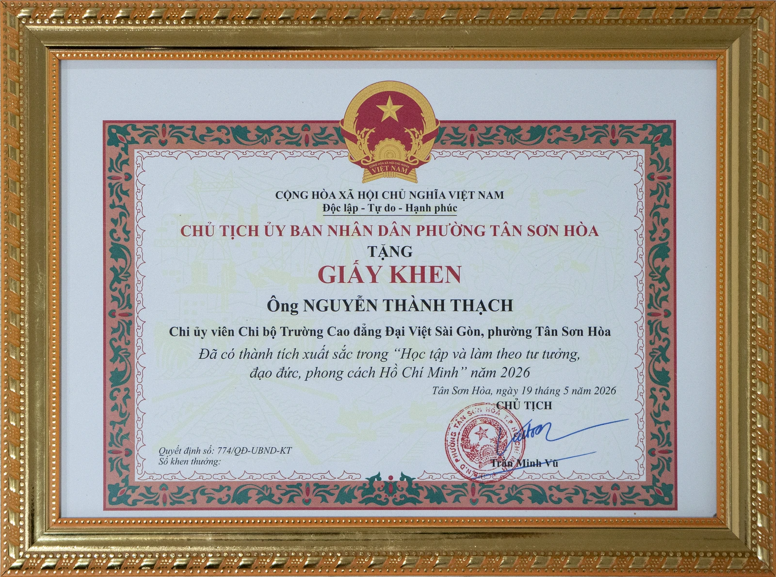 ĐẠI VIỆT SÀI GÒN NHẬN GIẤY KHEN HỌC TẬP VÀ LÀM THEO TƯ TƯỞNG HỒ CHÍ MINH 19/5/2025 ĐẾN 19/5/2026