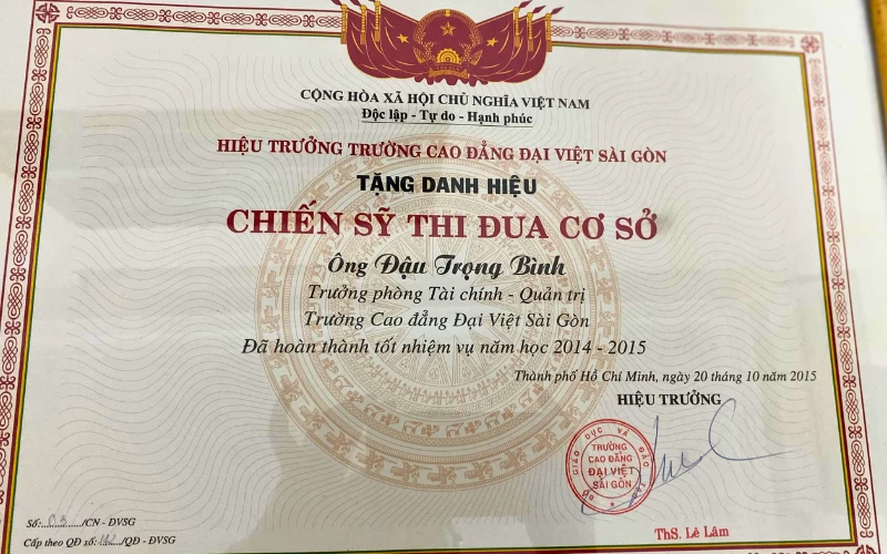 Giấy khen đồng chí đậu trọng bình