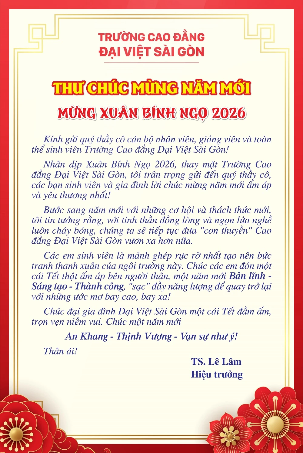 THƯ CHÚC MỪNG NĂM MỚI - MỪNG XUÂN BÍNH NGỌ 2026 CỦA HIỆU TRƯỞNG TRƯỜNG CAO ĐẲNG ĐẠI VIỆT SÀI GÒN