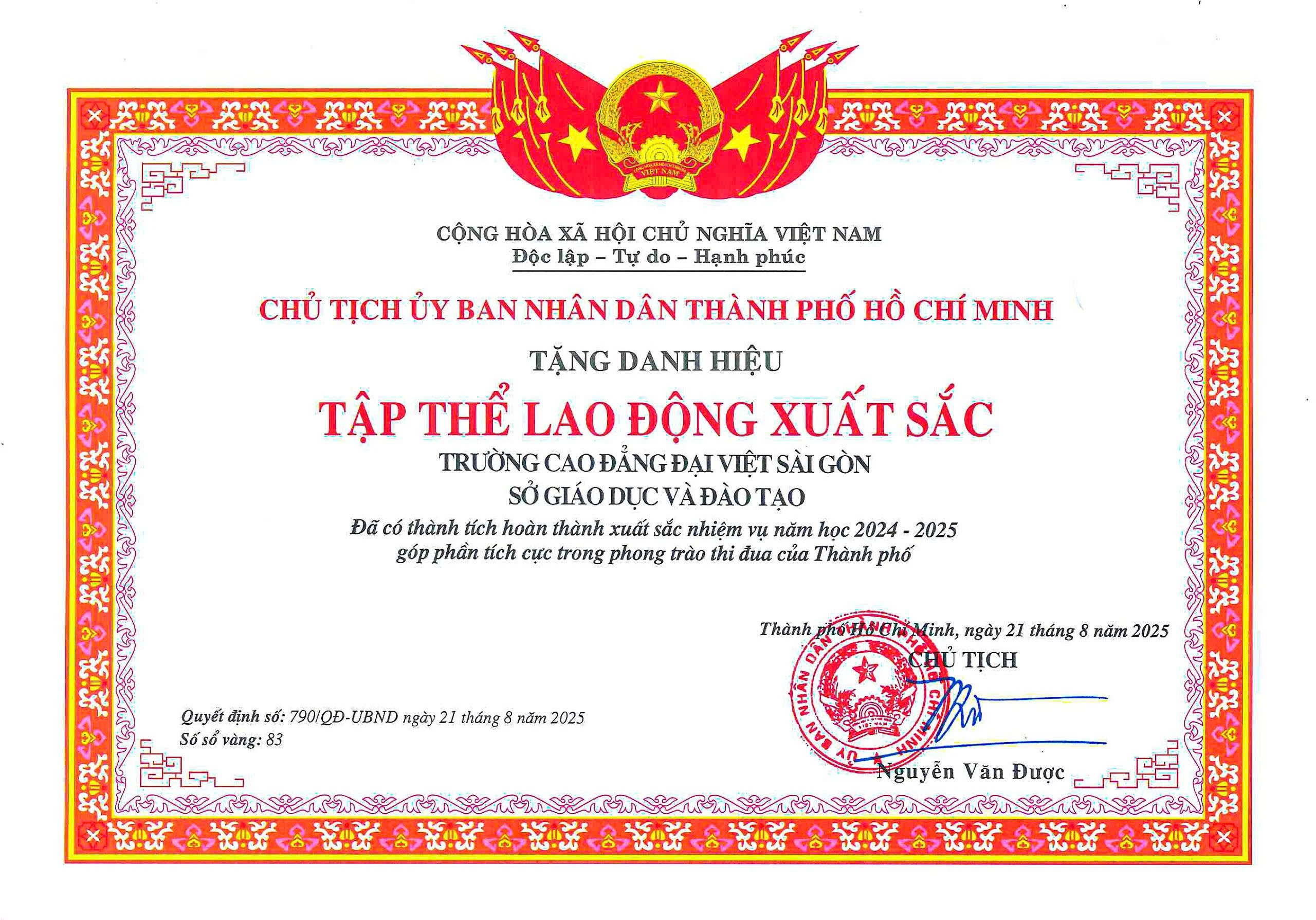 Trường Cao Đẳng Đại Việt Sài Gòn Vinh Dự Nhận Danh Hiệu “Tập Thể Lao Động Xuất Sắc” Năm Học 2024 - 2025