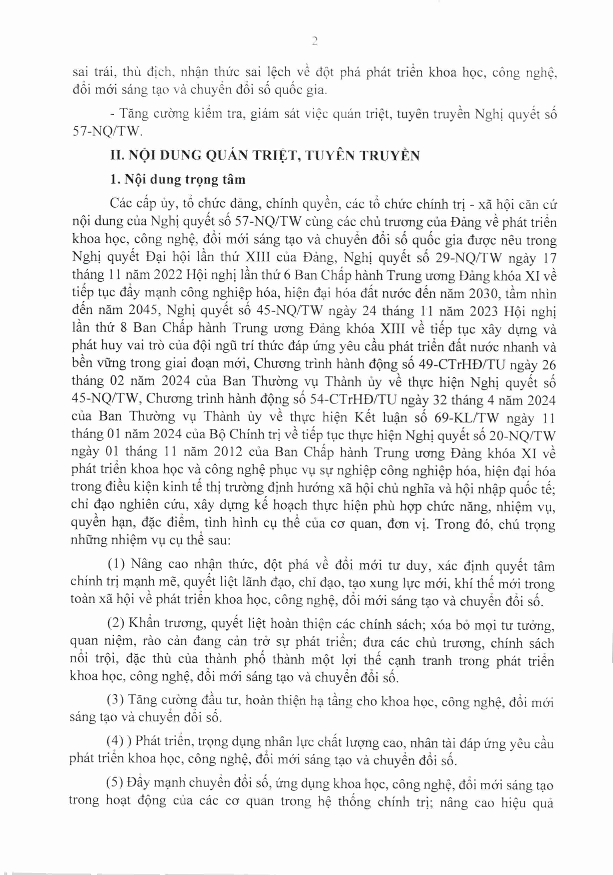 Về quán triệt, tuyên truyền Nghị quyết số 57-NQ/TW ngày 22 tháng 12 năm 2024 của Bộ Chính trị về đột phá phát triển khoa học, công nghệ, đổi mới sáng tạo và chuyển đổi số quốc gia