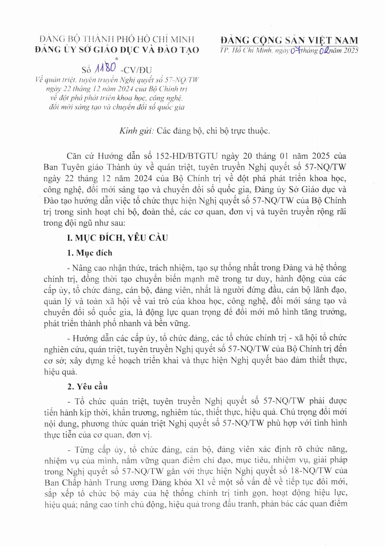 Về quán triệt, tuyên truyền Nghị quyết số 57-NQ/TW ngày 22 tháng 12 năm 2024 của Bộ Chính trị về đột phá phát triển khoa học, công nghệ, đổi mới sáng tạo và chuyển đổi số quốc gia