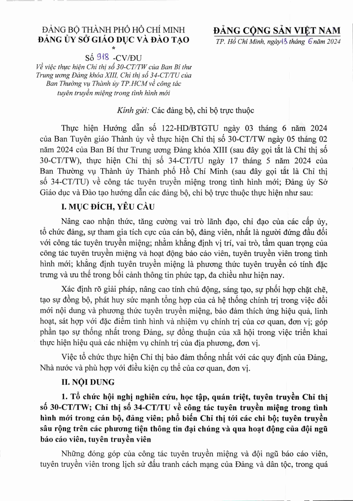 Về thực hiện Chỉ thị số 30-CT/TW của Ban Bí thư Trung ương Đảng khóa XIII, Chỉ thị số 34-CT/TU của Ban Thường vụ Thành ủy TP.HCM về công tác tuyên truyền miệng trong tình hình mới