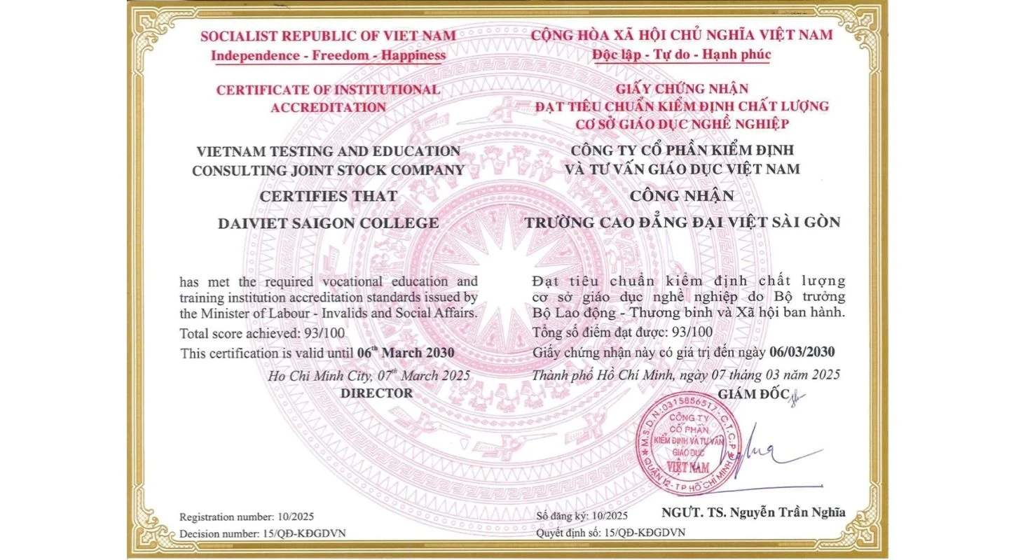 Trường Đạt Kiểm Định Chất Lượng | Trường Cao Đẳng Đại Việt Sài Gòn