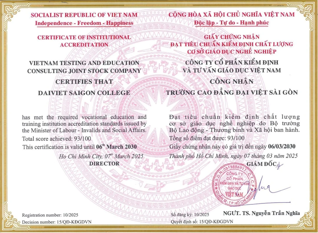 TRƯỜNG ĐẠT KIỂM ĐỊNH CHẤT LƯỢNG | Trường Cao Đẳng Đại Việt Sài Gòn