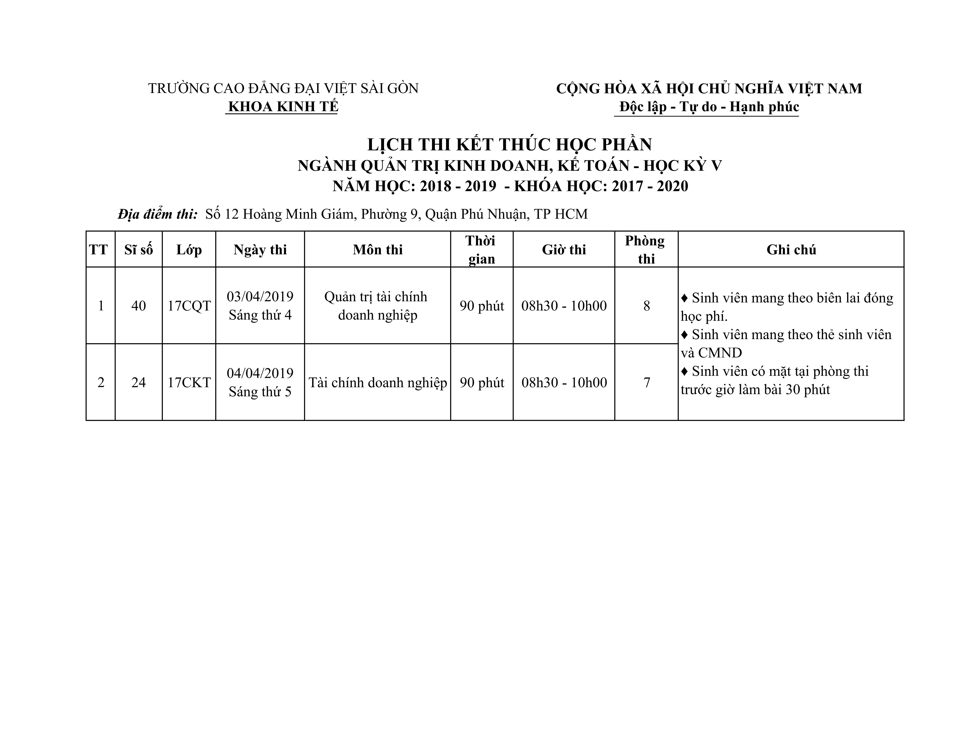 Lịch Thi Lớp 17Cqt Môn Quản Trị Tài Chính Doanh Nghiệp, Lớp 17Ckt Môn Tài Chính Doanh Nghiệp
