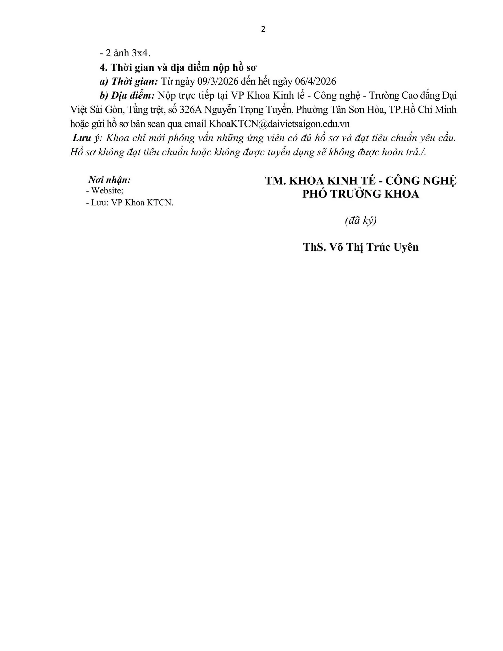 Thông Báo Về Việc Tuyển Dụng Giảng Viên Thỉnh Giảng Khoa Kinh Tế - Công Nghệ Đợt 01 Năm 2026