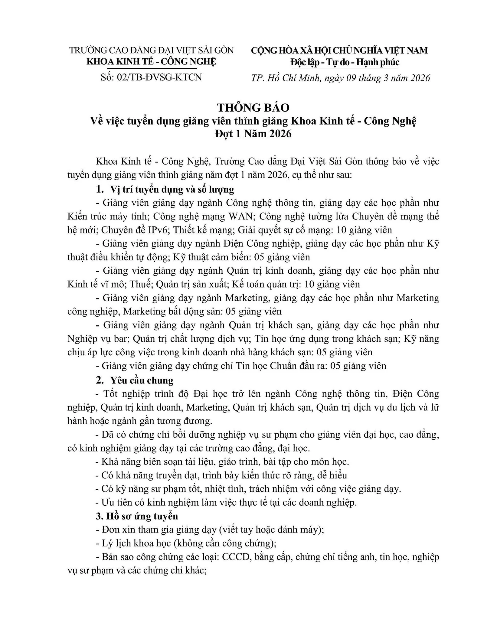 Thông Báo Về Việc Tuyển Dụng Giảng Viên Thỉnh Giảng Khoa Kinh Tế - Công Nghệ Đợt 01 Năm 2026