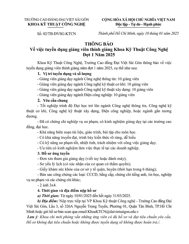 Thông báo về việc tuyển dụng giảng viên thỉnh giảng Khoa Kỹ Thuật Công Nghệ  Đợt 1 Năm 2025