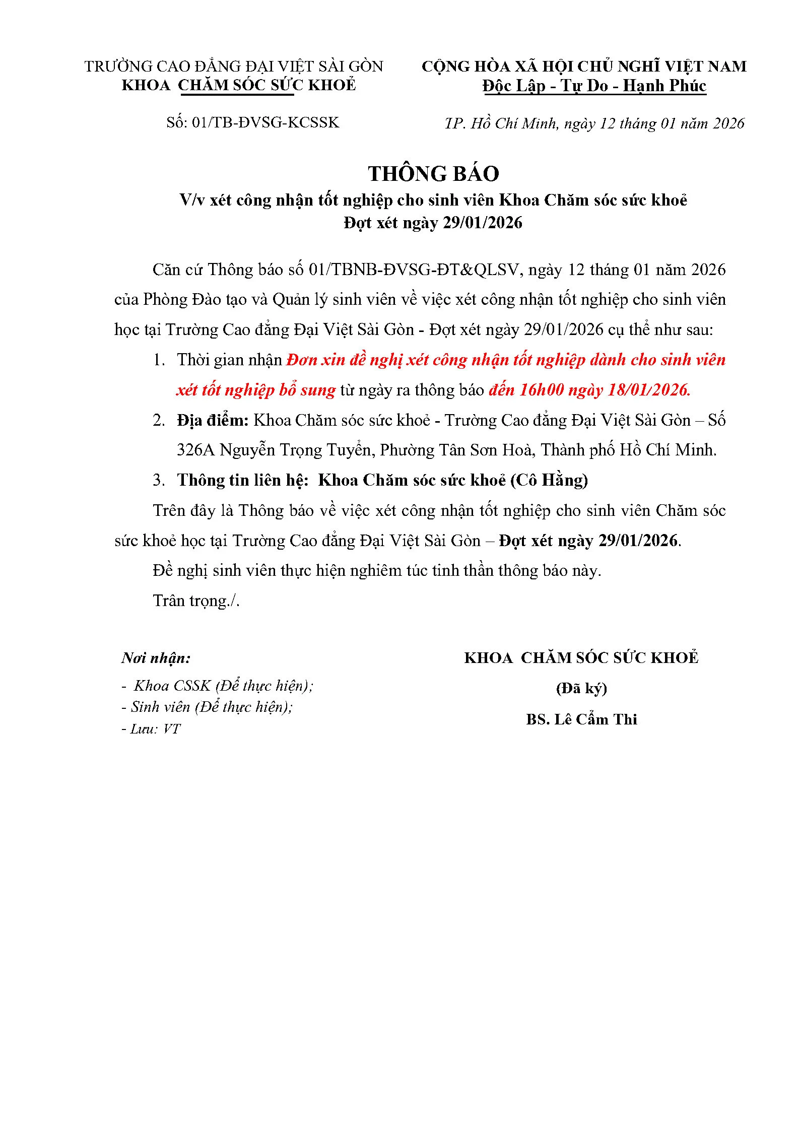 Thông Báo Xét Tốt Nghiệp - Đợt Xét Ngày 29/01/2026