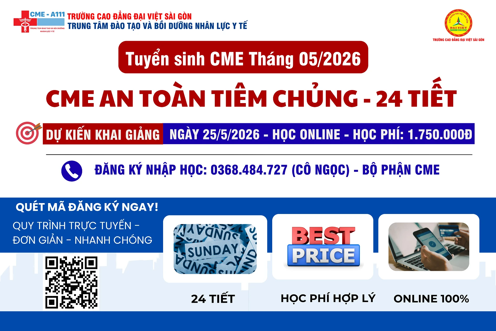 THÔNG BÁO TUYỂN SINH KHOÁ CME THÁNG 05/2026: AN TOÀN TIÊM CHỦNG - HỌC ONLINE - NHẬN CHỨNG NHẬN TẠI NHÀ